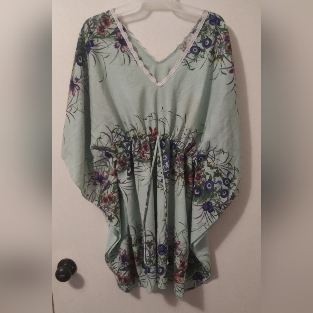 Miin Pullover Kimono Top Womens L Mint Pink Floral Lace Neck Cinched Waist Dress